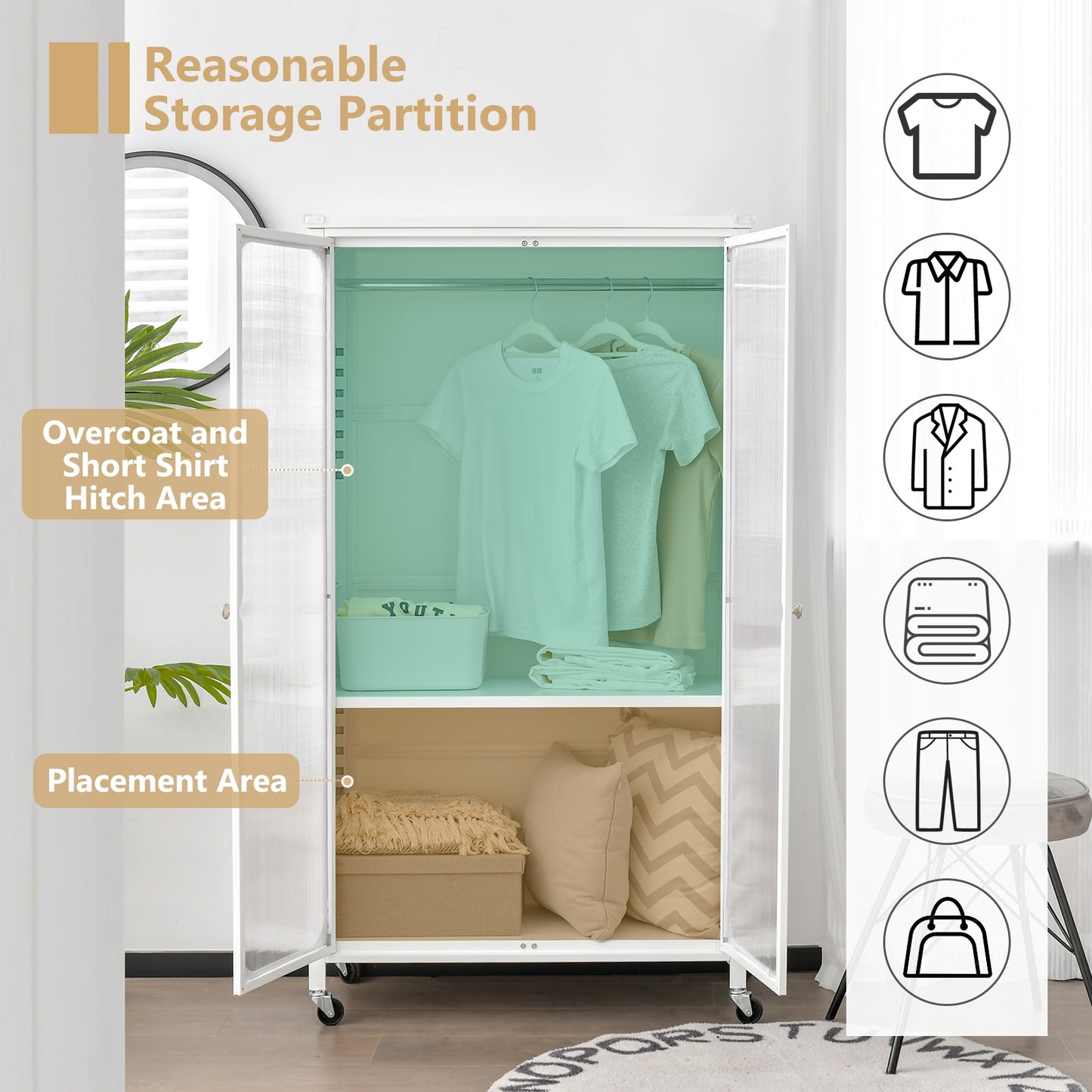Mobile Rolling Wardrobe Closet with Adjustable Shelf and Hanging Rod – Modern Storage Armoire
