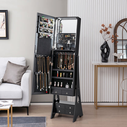 Freestanding Jewelry Armoire with Full-Length LED Mirror and 6 Storage Drawers – Black