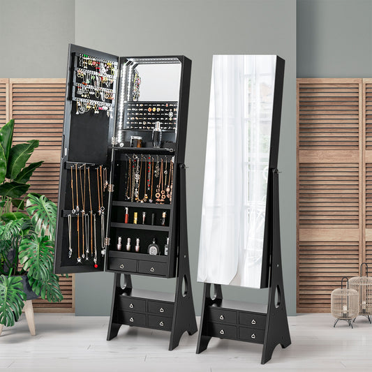 Freestanding Jewelry Armoire with Full-Length LED Mirror and 6 Storage Drawers – Black