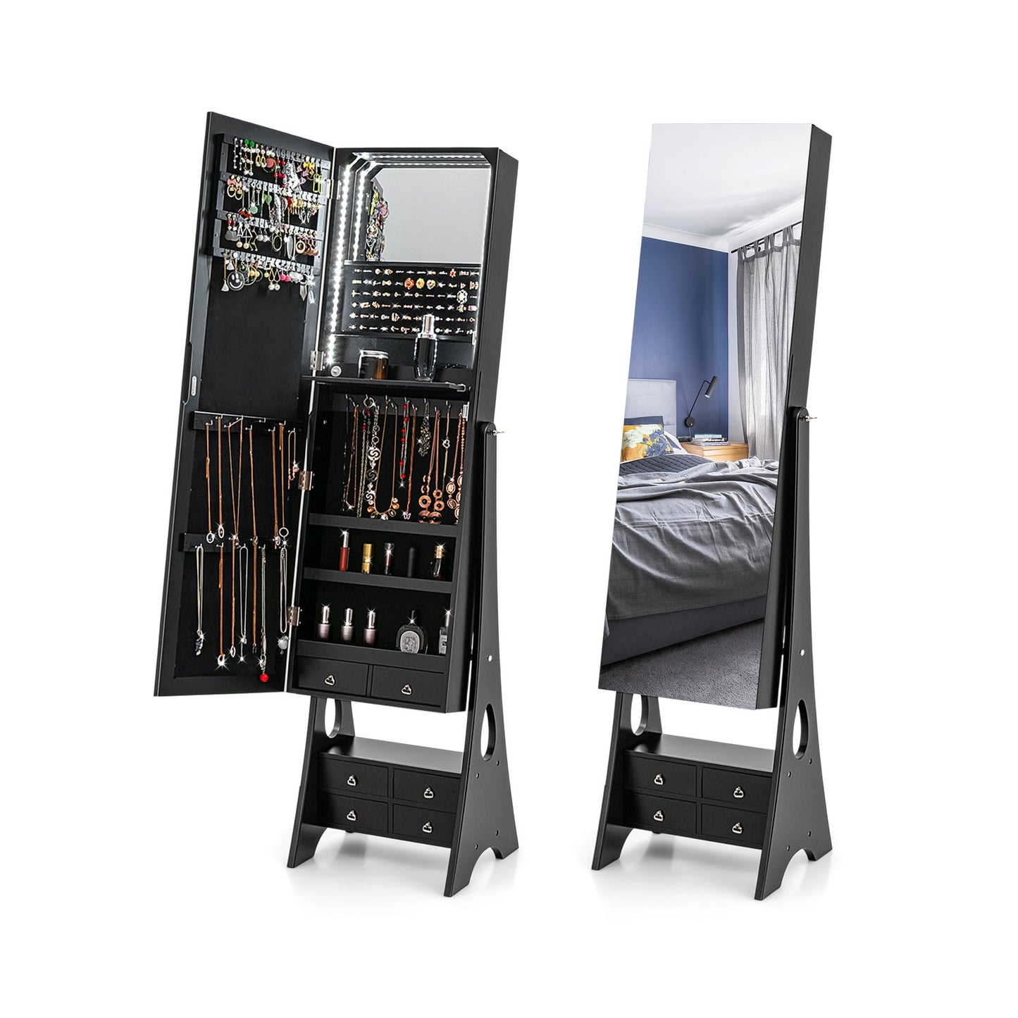 Freestanding Jewelry Armoire with Full-Length LED Mirror and 6 Storage Drawers – Black