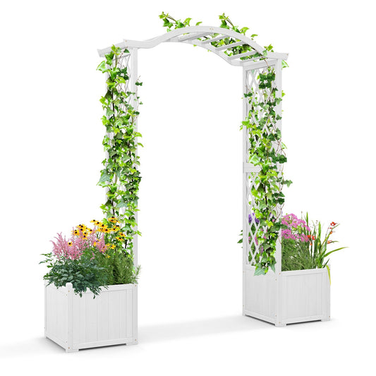 White Wooden Garden Arbor with Planter Boxes & Trellis for Climbing Plants and Outdoor Decorations