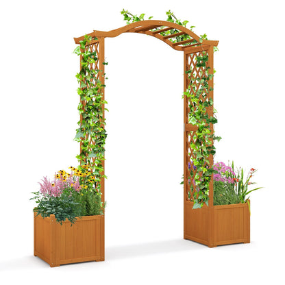 Orange Wooden Garden Arbor with Planter Boxes & Trellis for Climbing Plants and Outdoor Decorations