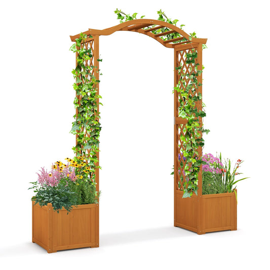 Orange Wooden Garden Arbor with Planter Boxes & Trellis for Climbing Plants and Outdoor Decorations