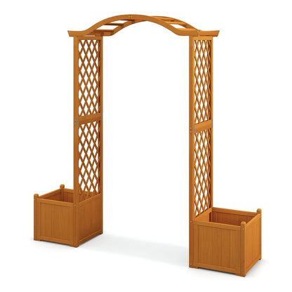 Orange Wooden Garden Arbor with Planter Boxes & Trellis for Climbing Plants and Outdoor Decorations