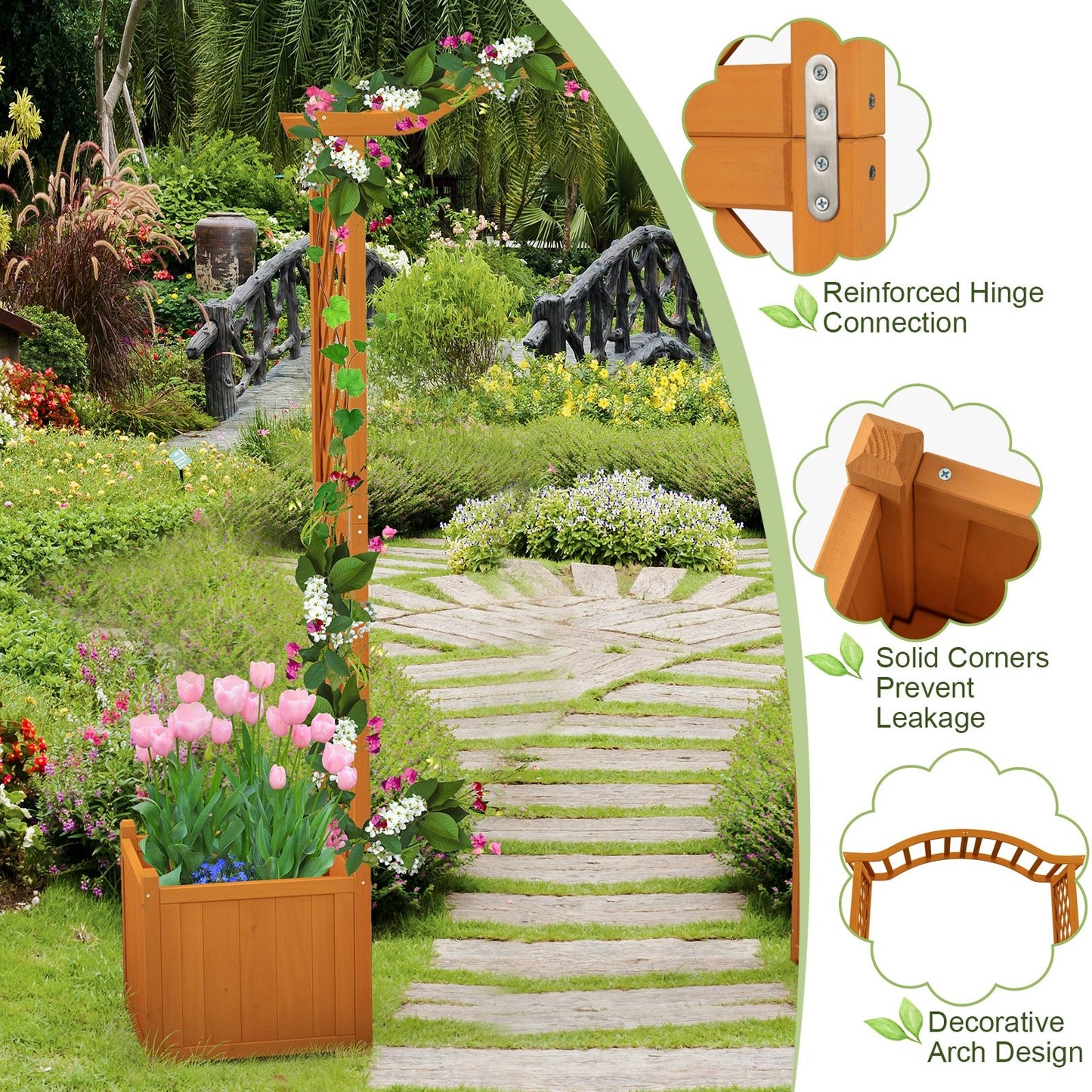 Orange Wooden Garden Arbor with Planter Boxes & Trellis for Climbing Plants and Outdoor Decorations