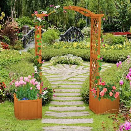 Orange Wooden Garden Arbor with Planter Boxes & Trellis for Climbing Plants and Outdoor Decorations