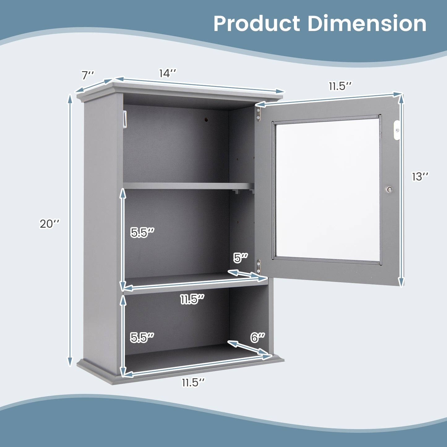 Wall-Mounted Bathroom Cabinet with Adjustable Shelf & Tempered Glass Door