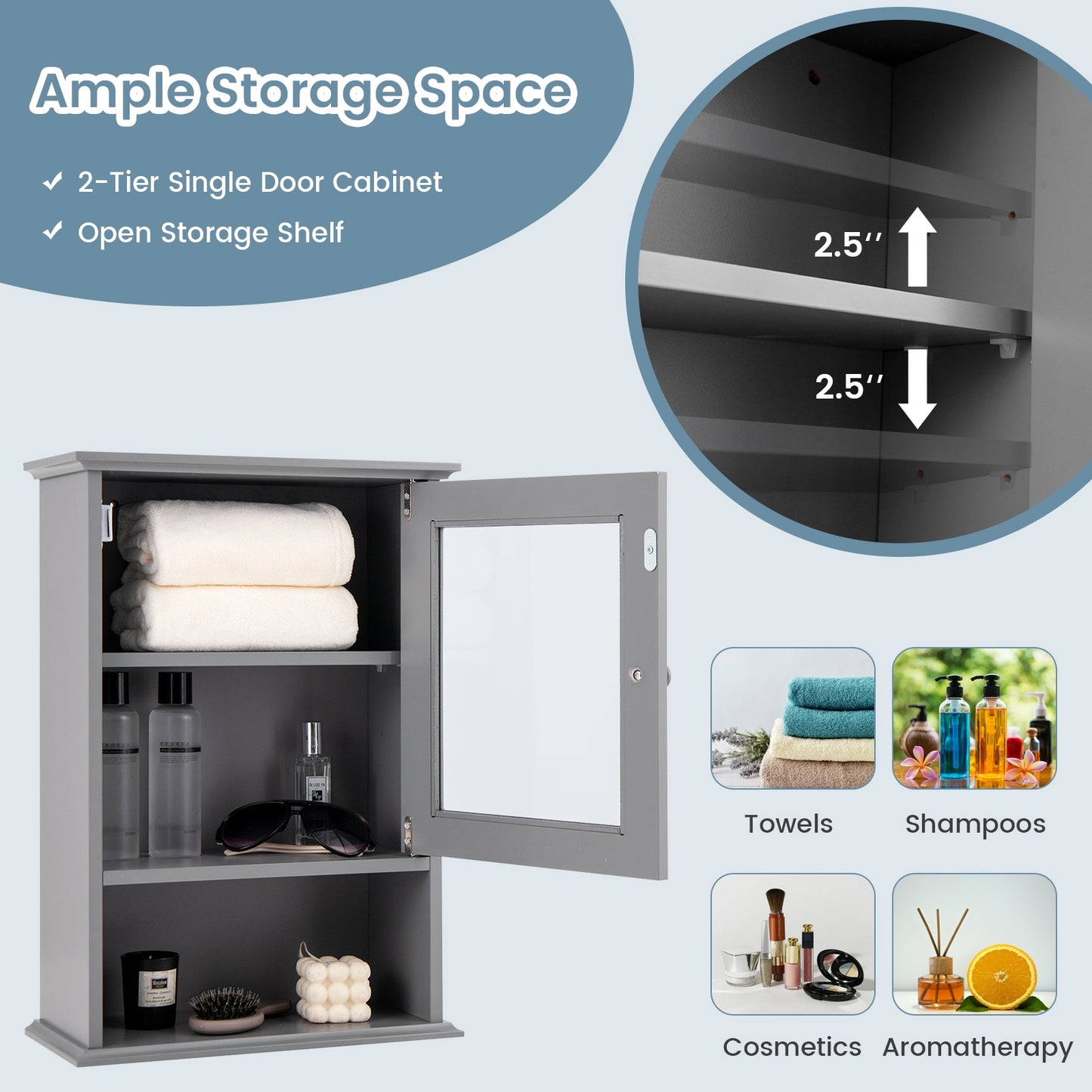 Wall-Mounted Bathroom Cabinet with Adjustable Shelf & Tempered Glass Door