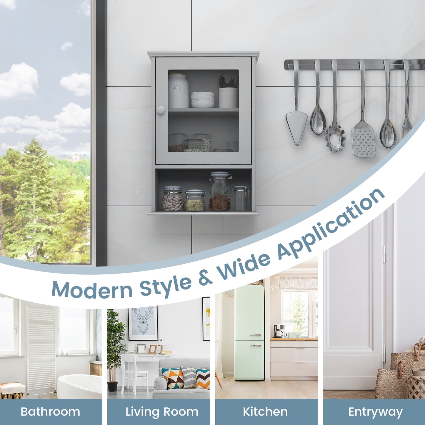 Wall-Mounted Bathroom Cabinet with Adjustable Shelf & Tempered Glass Door