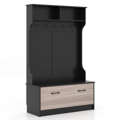 Hall Tree with Bench Coat Hooks and Hidden Storage Cabinet - Black