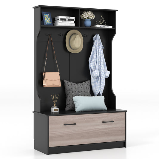 Hall Tree with Bench Coat Hooks and Hidden Storage Cabinet - Black