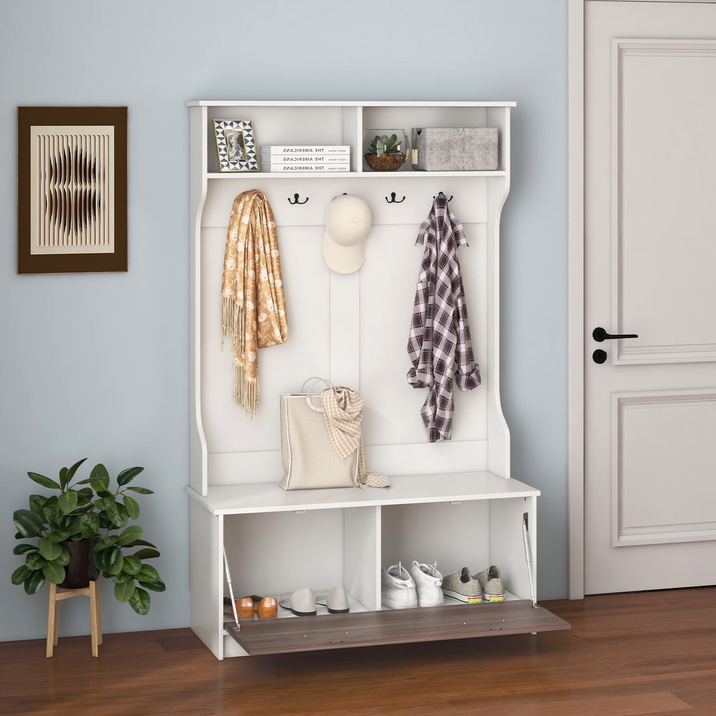 Hall Tree with Bench Coat Hooks and Hidden Storage Cabinet - White