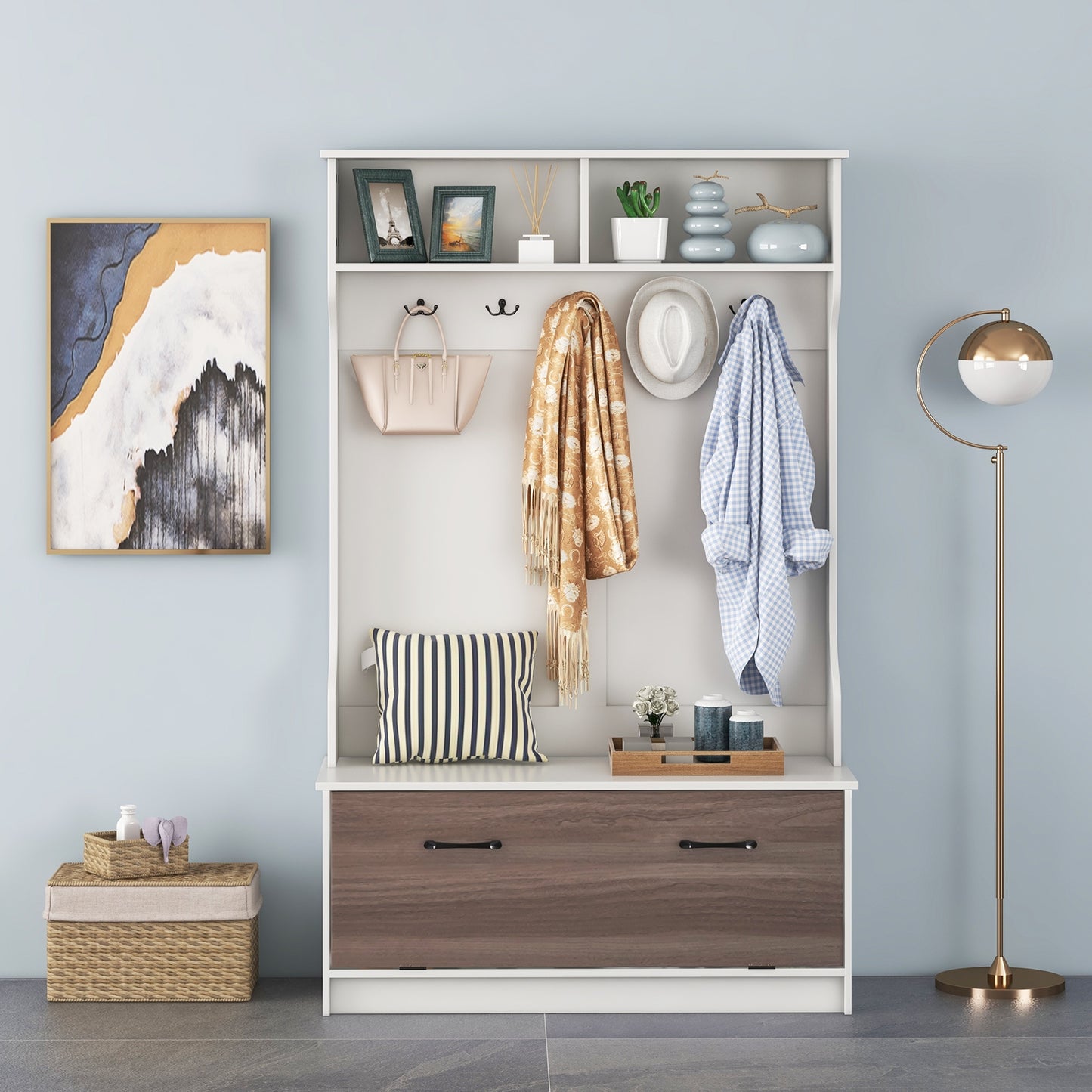 Hall Tree with Bench Coat Hooks and Hidden Storage Cabinet - White
