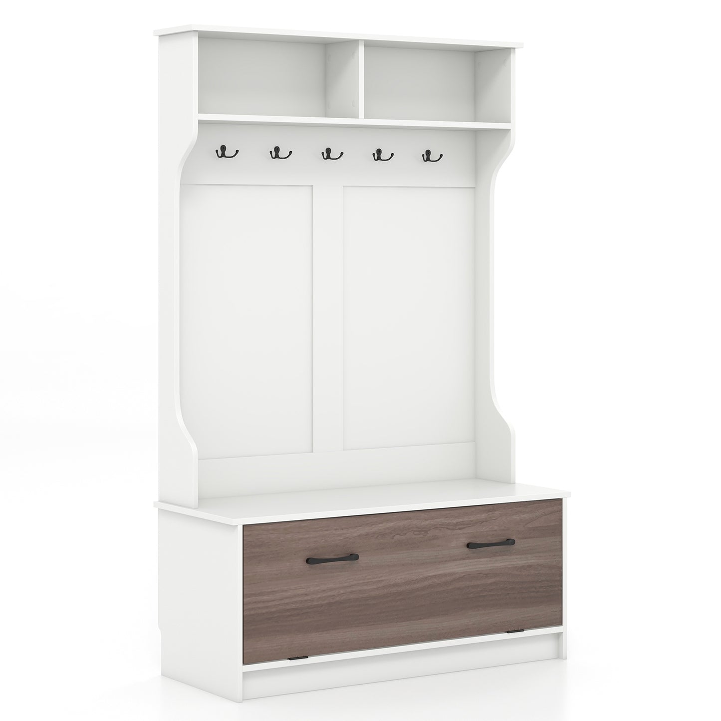 Hall Tree with Bench Coat Hooks and Hidden Storage Cabinet - White