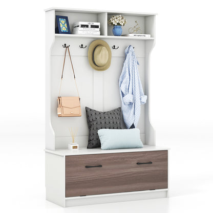 Hall Tree with Bench Coat Hooks and Hidden Storage Cabinet - White