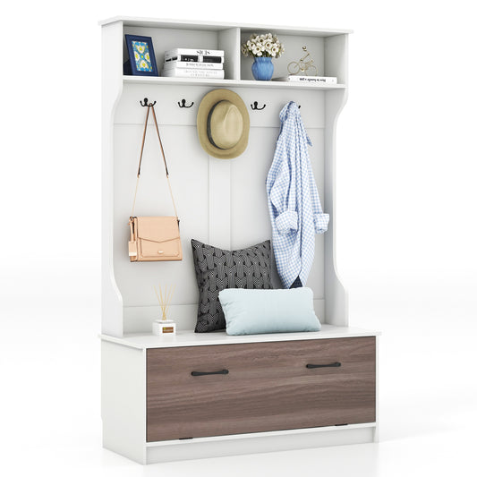 Hall Tree with Bench Coat Hooks and Hidden Storage Cabinet - White