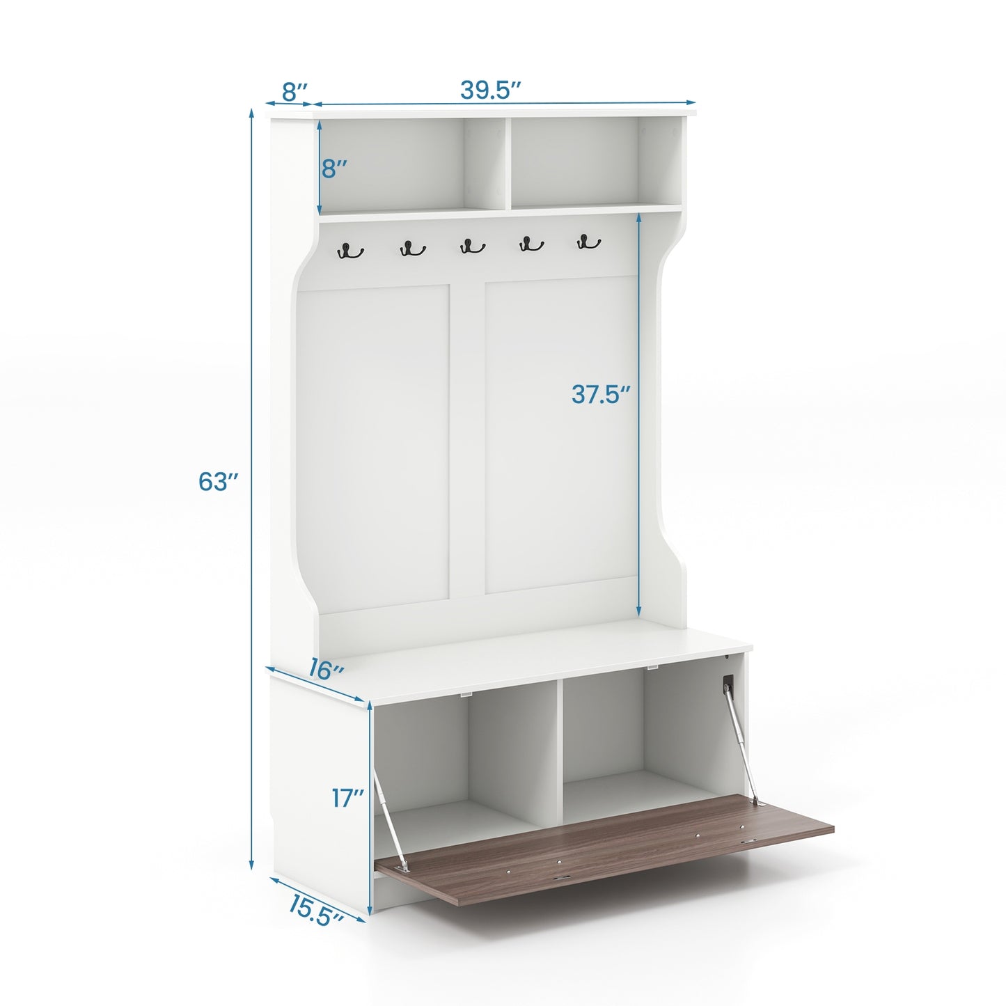 Hall Tree with Bench Coat Hooks and Hidden Storage Cabinet - White
