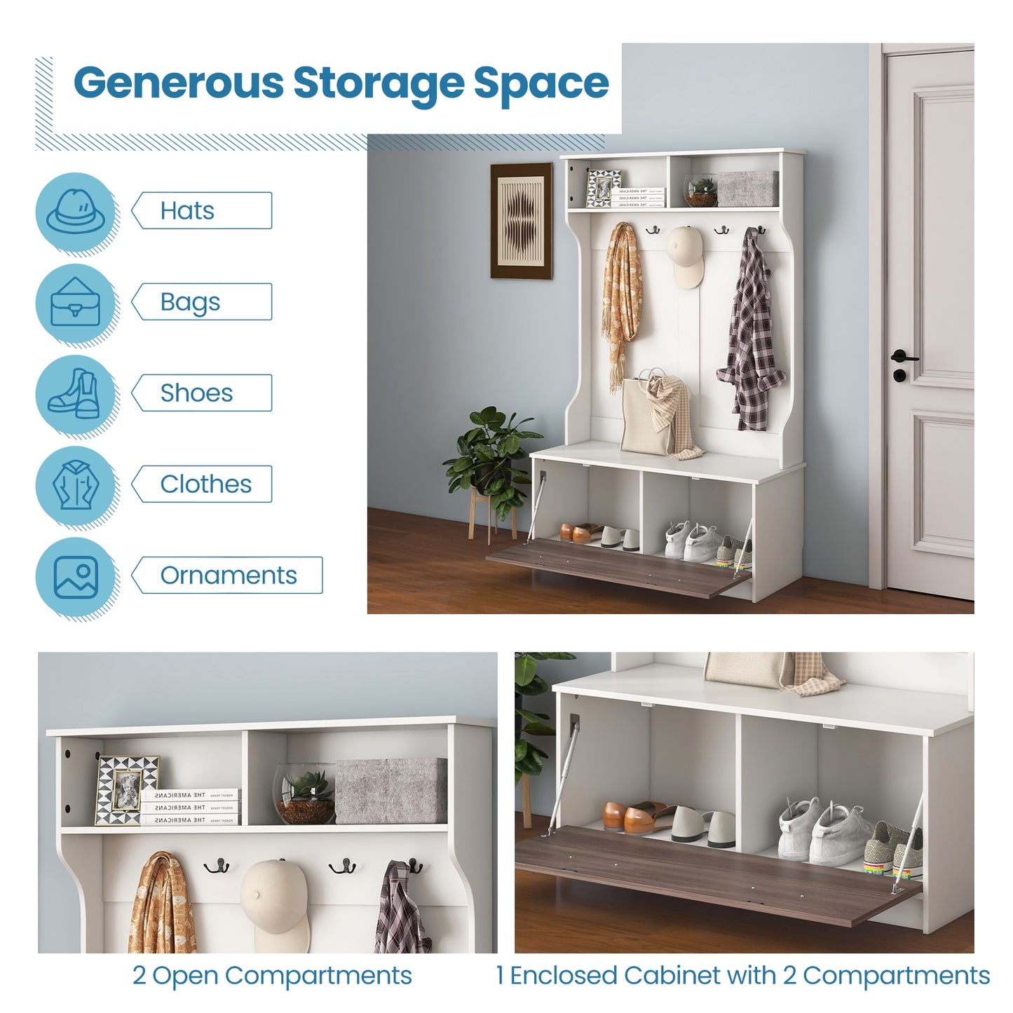 Hall Tree with Bench Coat Hooks and Hidden Storage Cabinet - White