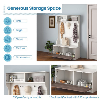 Hall Tree with Bench Coat Hooks and Hidden Storage Cabinet - White