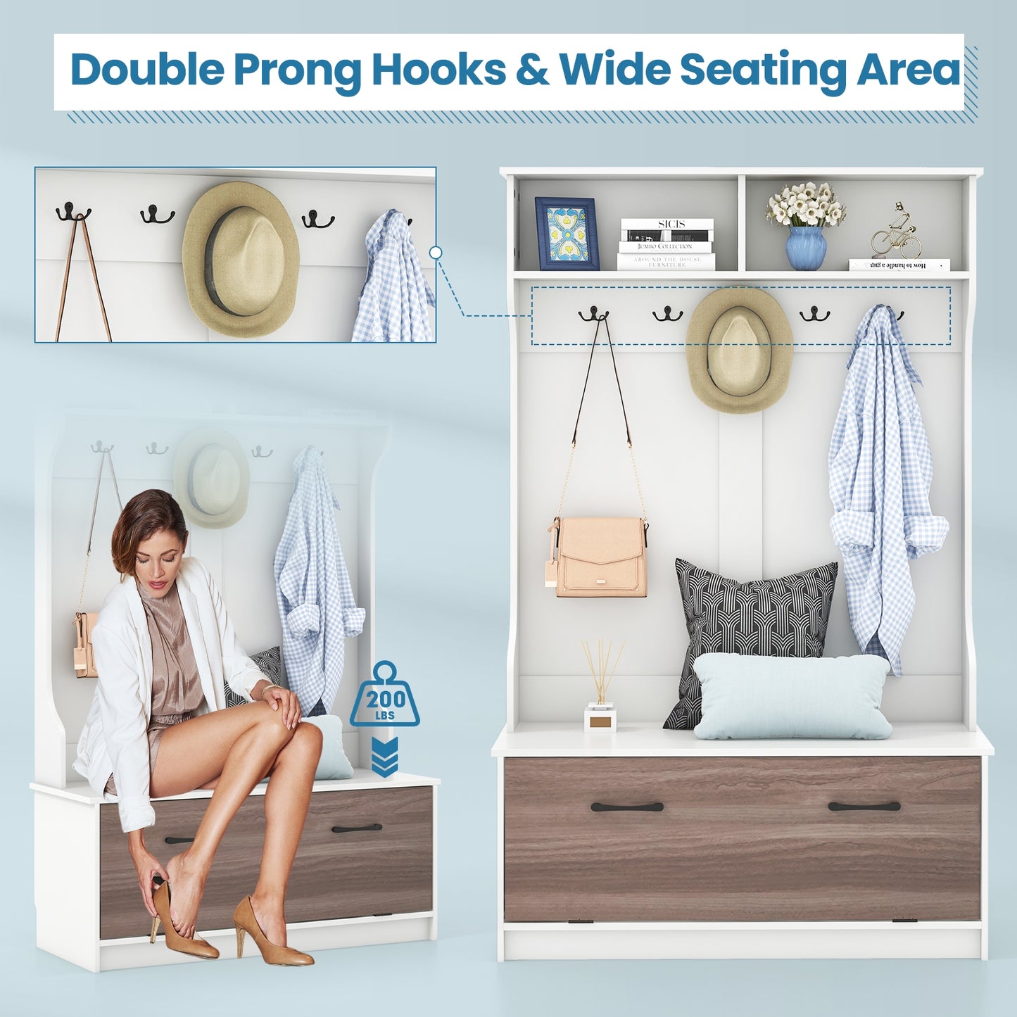 Hall Tree with Bench Coat Hooks and Hidden Storage Cabinet - White