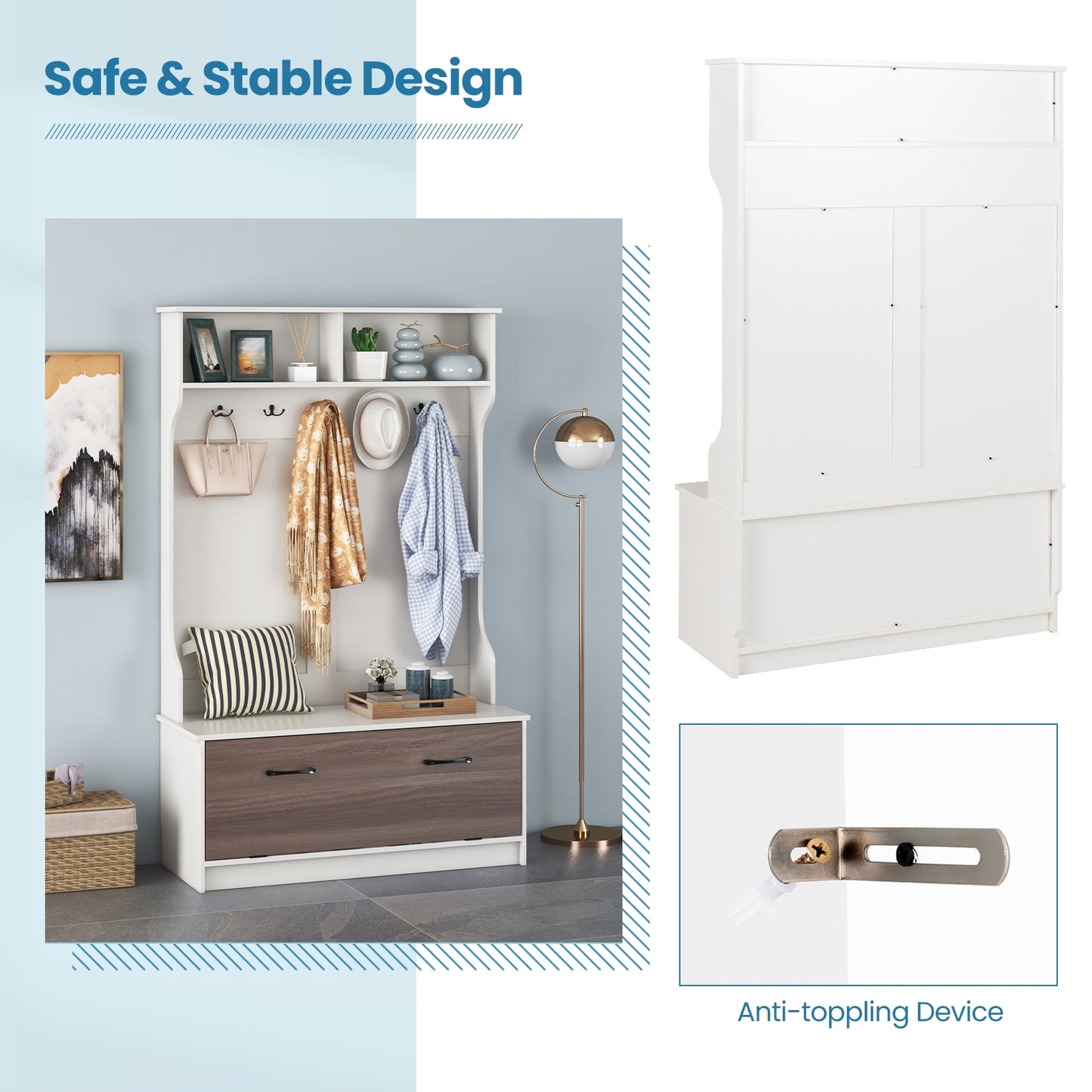 Hall Tree with Bench Coat Hooks and Hidden Storage Cabinet - White
