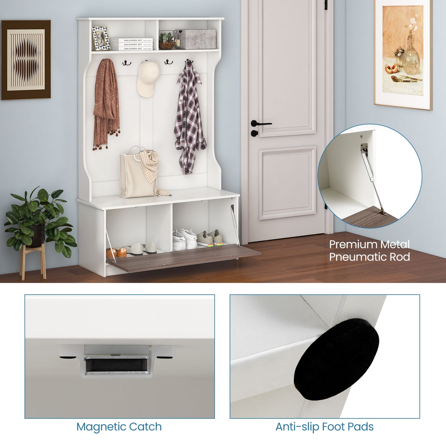 Hall Tree with Bench Coat Hooks and Hidden Storage Cabinet - White