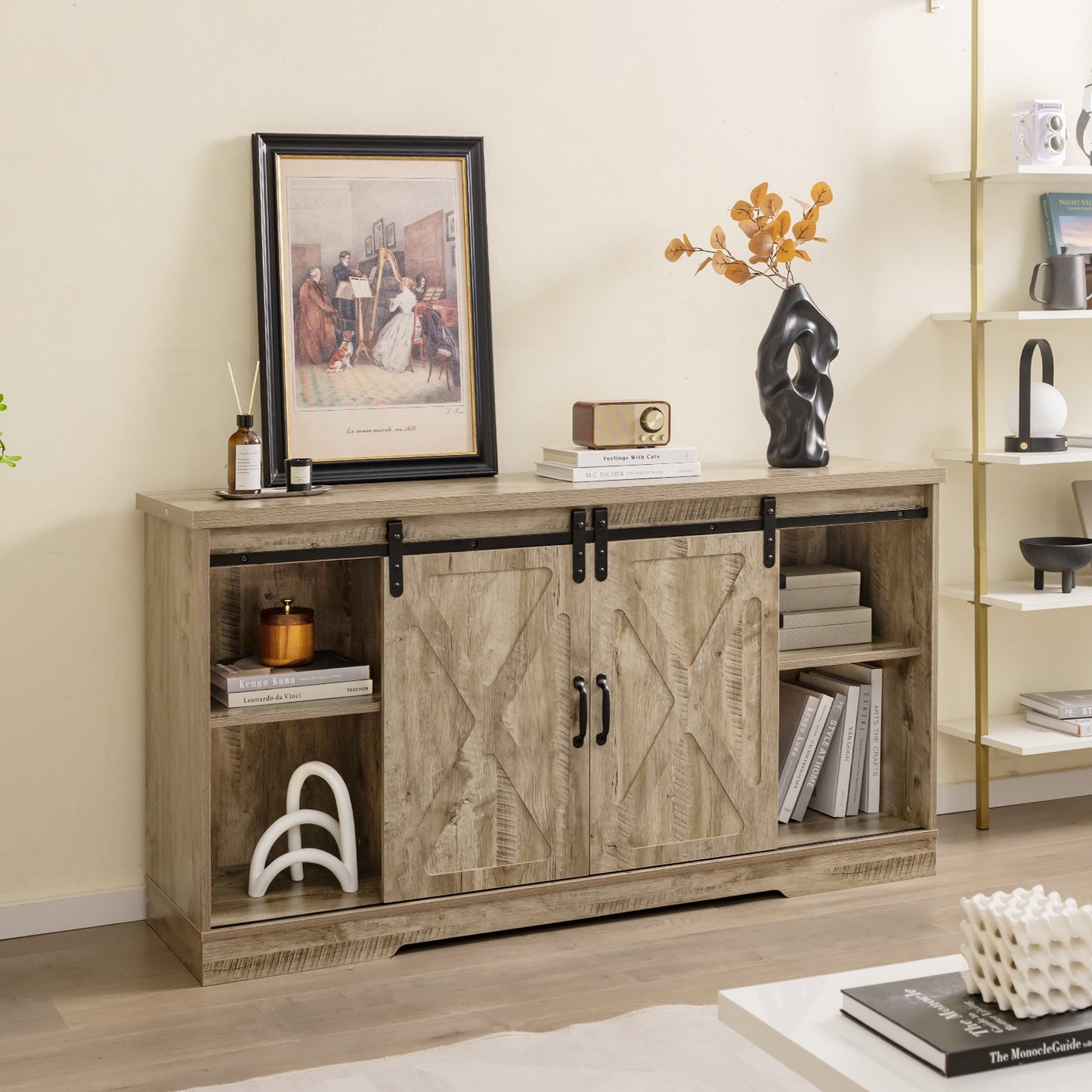 Farmhouse Media Console Table with Sliding Doors, Open Shelves, and Cabinet Storage for 65 Inch TVs