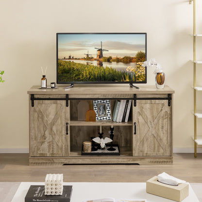 Farmhouse Media Console Table with Sliding Doors, Open Shelves, and Cabinet Storage for 65 Inch TVs