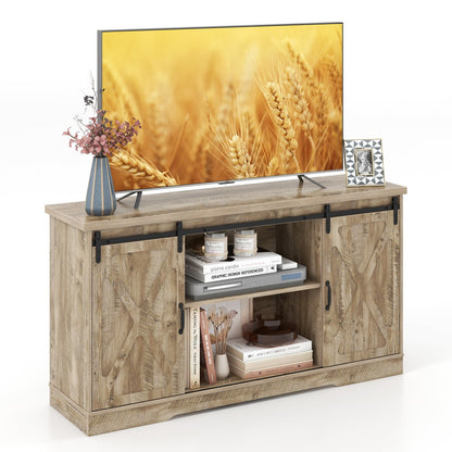 Farmhouse Media Console Table with Sliding Doors, Open Shelves, and Cabinet Storage for 65 Inch TVs