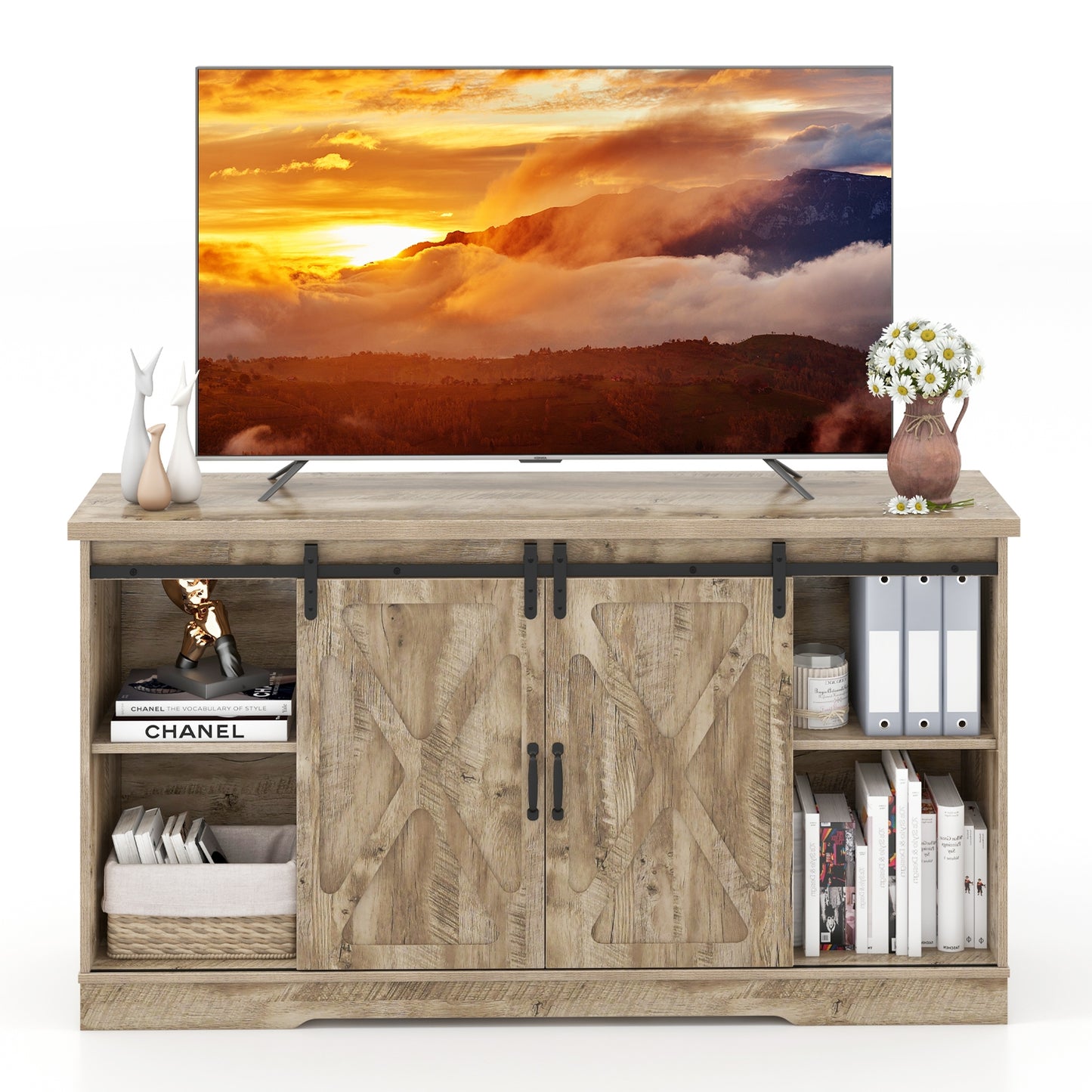 Farmhouse Media Console Table with Sliding Doors, Open Shelves, and Cabinet Storage for 65 Inch TVs