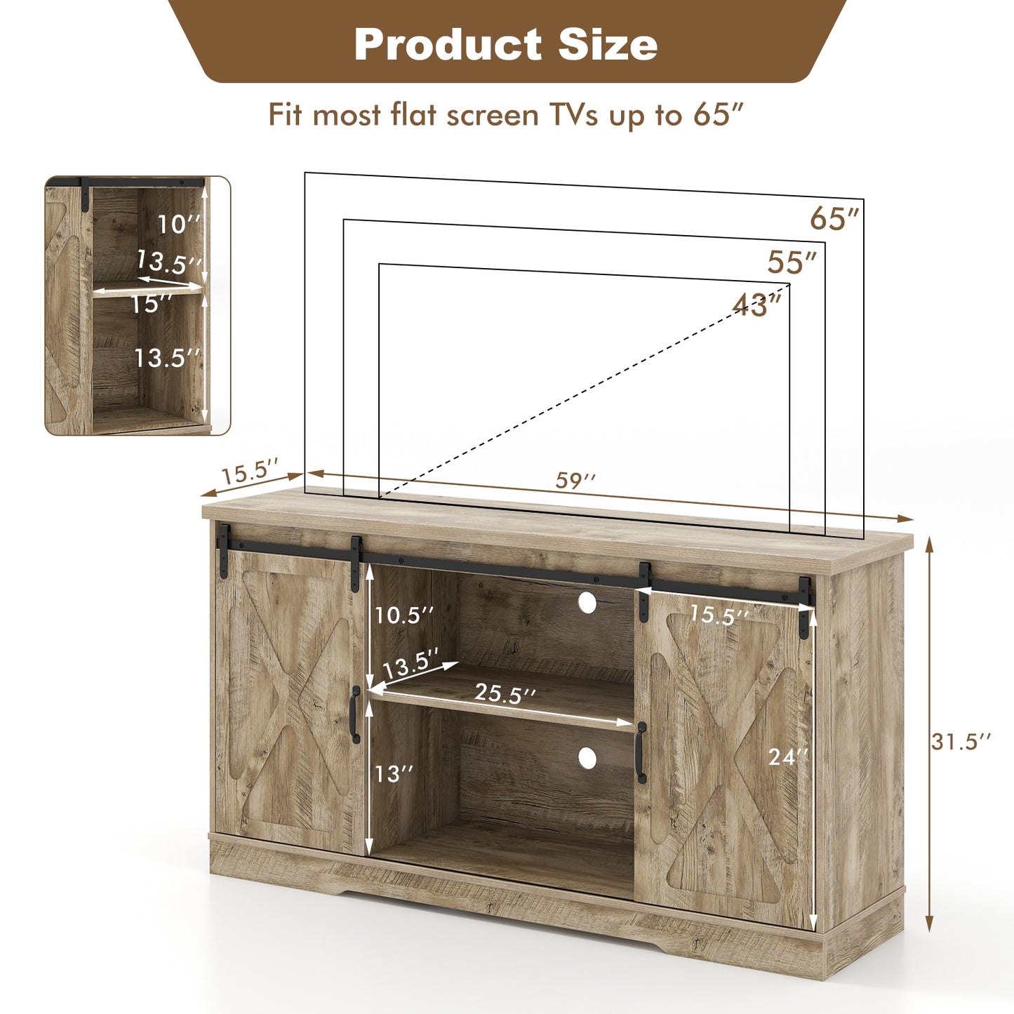 Farmhouse Media Console Table with Sliding Doors, Open Shelves, and Cabinet Storage for 65 Inch TVs