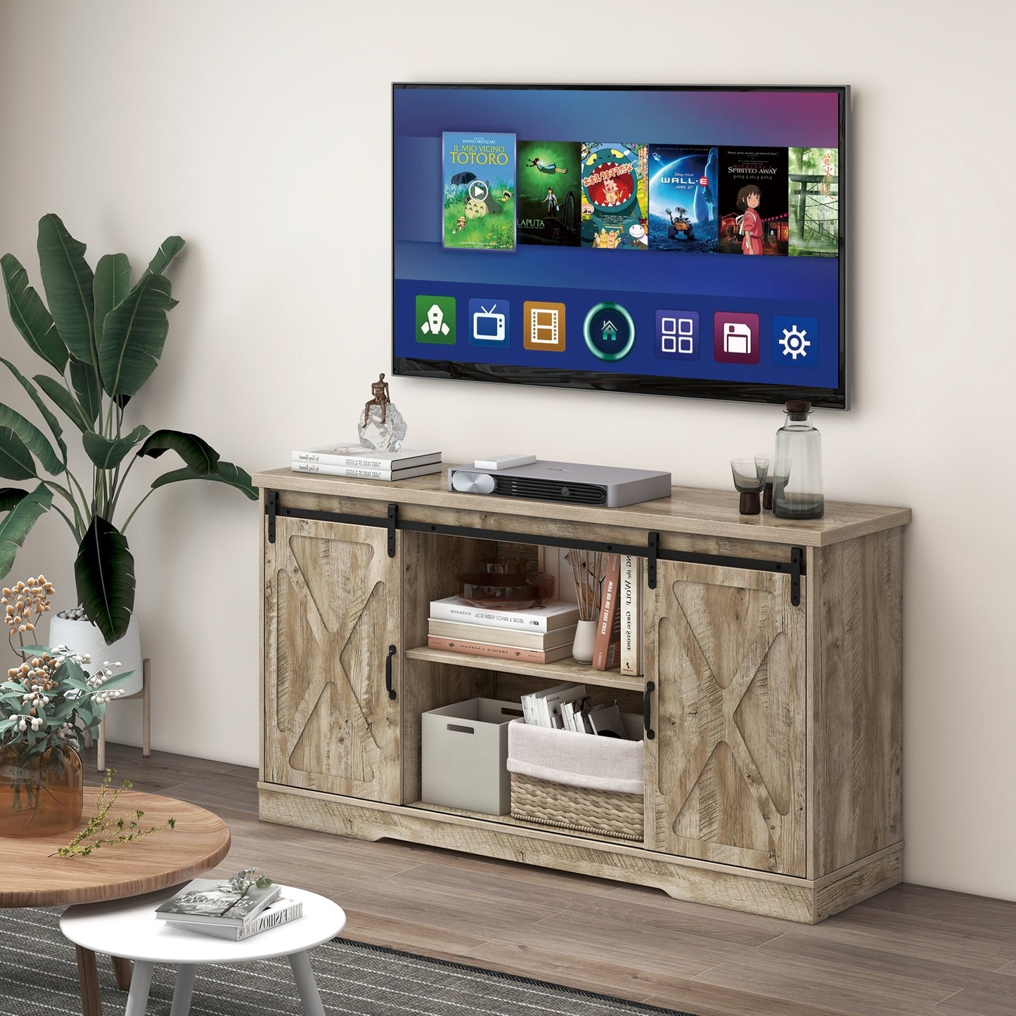 Farmhouse Media Console Table with Sliding Doors, Open Shelves, and Cabinet Storage for 65 Inch TVs