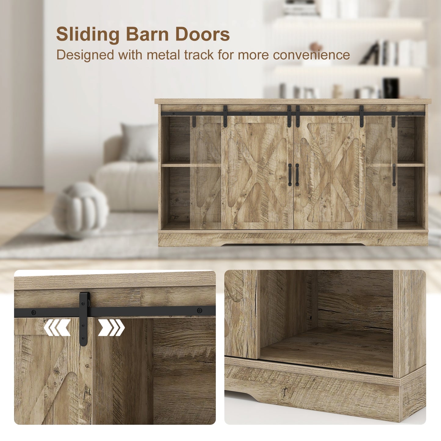 Farmhouse Media Console Table with Sliding Doors, Open Shelves, and Cabinet Storage for 65 Inch TVs