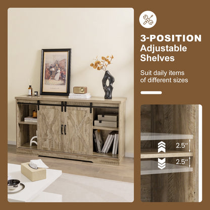 Farmhouse Media Console Table with Sliding Doors, Open Shelves, and Cabinet Storage for 65 Inch TVs