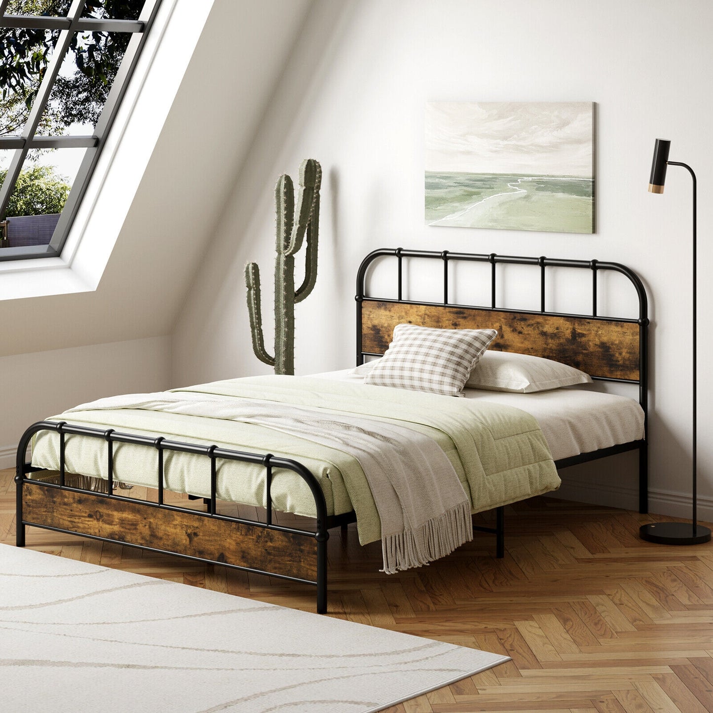 Queen Size Industrial Metal Platform Bed Frame with Headboard - Sturdy Mattress Foundation