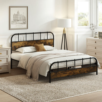 Queen Size Industrial Metal Platform Bed Frame with Headboard - Sturdy Mattress Foundation