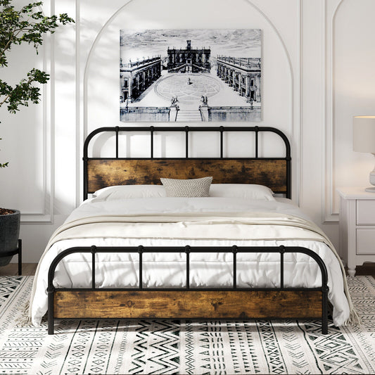 Queen Size Industrial Metal Platform Bed Frame with Headboard - Sturdy Mattress Foundation