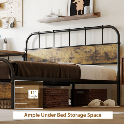 Queen Size Industrial Metal Platform Bed Frame with Headboard - Sturdy Mattress Foundation