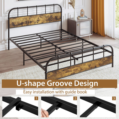 Queen Size Industrial Metal Platform Bed Frame with Headboard - Sturdy Mattress Foundation