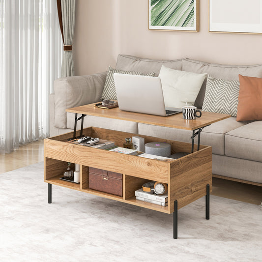 Lift-Top Coffee Table with Hidden Storage, Open Cubbies, and Metal Legs for Living Room