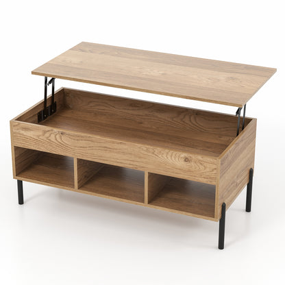 Lift-Top Coffee Table with Hidden Storage, Open Cubbies, and Metal Legs for Living Room