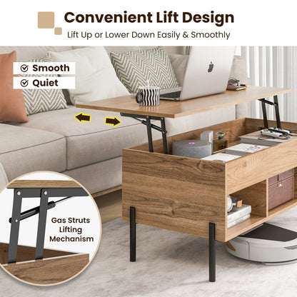 Lift-Top Coffee Table with Hidden Storage, Open Cubbies, and Metal Legs for Living Room