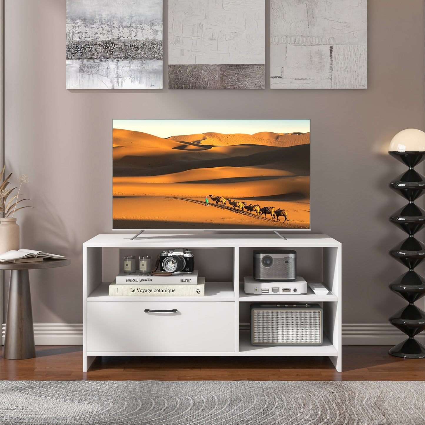 Modern TV Stand with 3 Open Compartments and Storage Drawer for TVs up to 50 Inches
