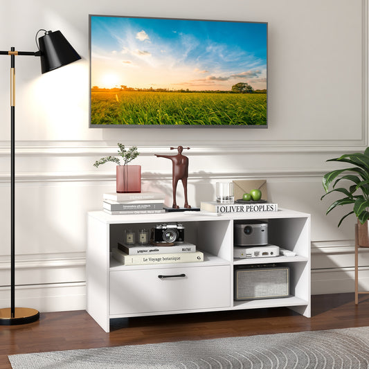 Modern TV Stand with 3 Open Compartments and Storage Drawer for TVs up to 50 Inches