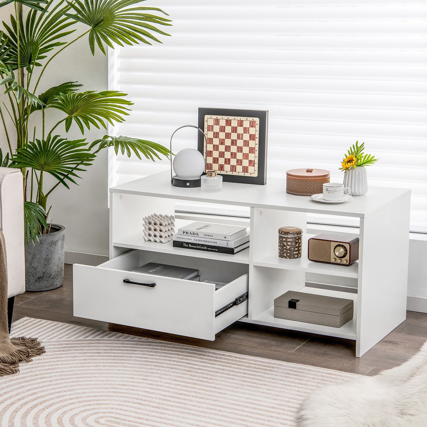 Modern TV Stand with 3 Open Compartments and Storage Drawer for TVs up to 50 Inches