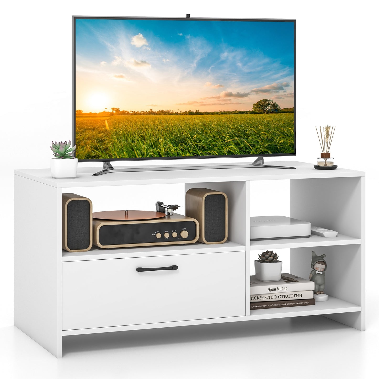 Modern TV Stand with 3 Open Compartments and Storage Drawer for TVs up to 50 Inches