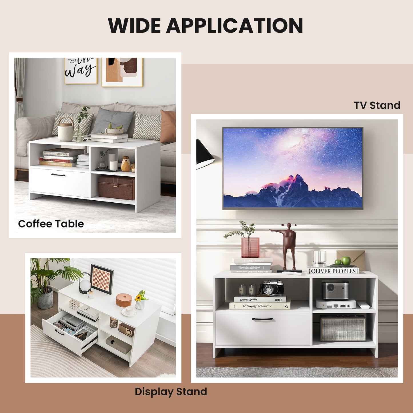 Modern TV Stand with 3 Open Compartments and Storage Drawer for TVs up to 50 Inches