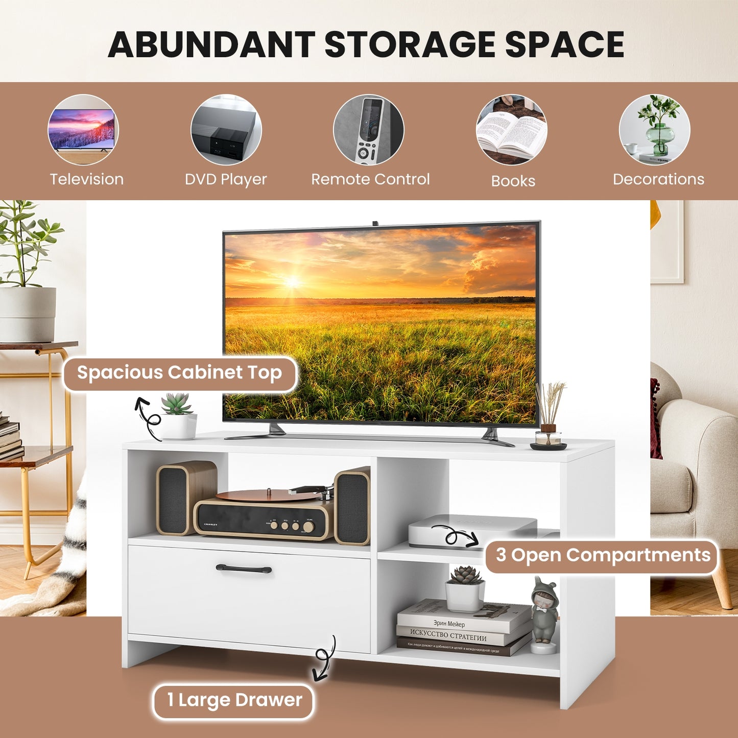 Modern TV Stand with 3 Open Compartments and Storage Drawer for TVs up to 50 Inches