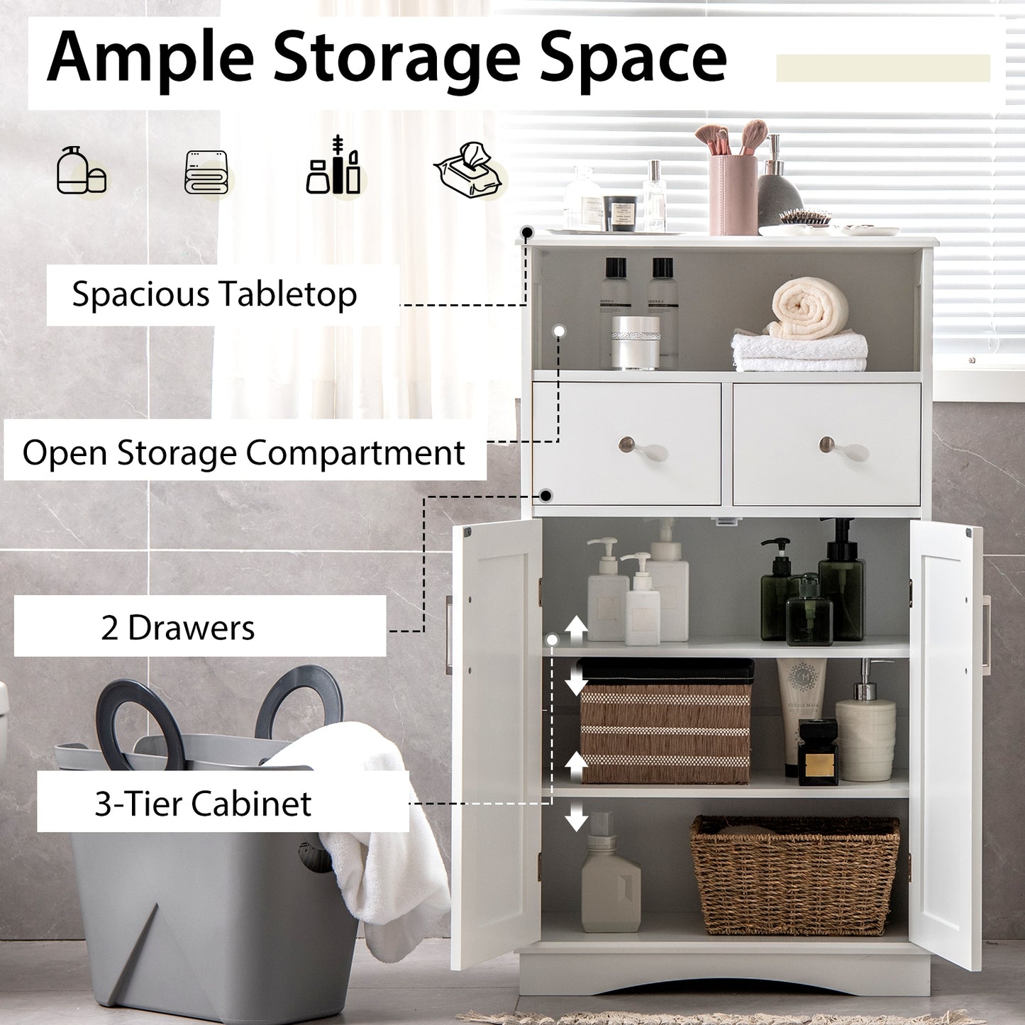 Freestanding Bathroom Storage Cabinet with 2 Doors, 2 Drawers, and Adjustable Shelves