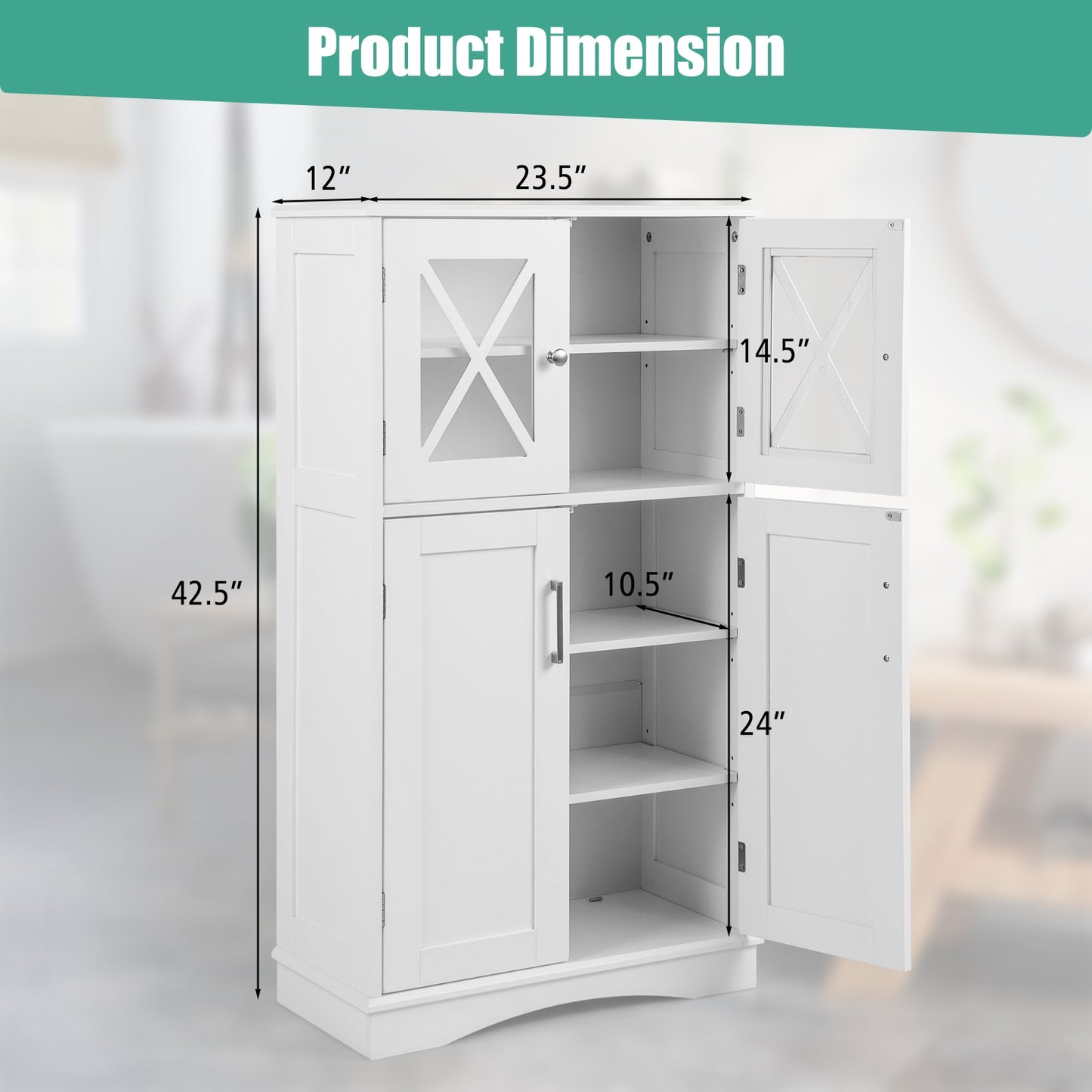 5 Tier Freestanding Storage Cabinet with 4 Doors & Adjustable Shelves